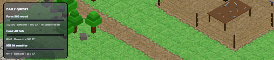 Daily quest UI with gather and combat objectives listed.